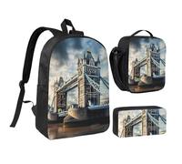 DUWAA Lot de 3 sacs à dos historiques avec imprimé Old Tower Bridge London comprenant un grand sac à livres de 43,2 cm avec sac à déjeuner et sac à stylos pratique, noir, taille unique, Noir/blanc