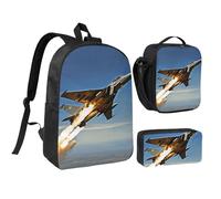 DUWAA Lot de 3 sacs à dos imprimés avions de chasse comprenant un grand sac à livres de 43,2 cm avec sac à déjeuner et sac à stylos pratique, noir, taille unique, Noir/blanc, taille unique