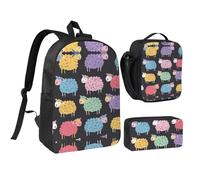 DUWAA Lot de 3 sacs à dos mignons et colorés avec motif de moutons imprimés de dessins animés comprenant un grand sac à livres de 43,2 cm avec sac à déjeuner et sac à stylos pratique, noir, taille