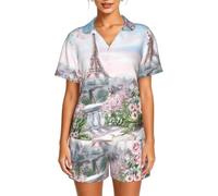 DUWAA Magnifique pyjama 2 pièces imprimé Tour Eiffel Paris pour femme, Noir , XS