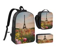 DUWAA Magnifique sac à dos imprimé Tour Eiffel Paris 3 pièces comprenant un grand sac à livres de 43,2 cm avec sac à déjeuner et sac à stylos pratique, noir, One Size