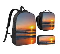 DUWAA Magnifique sac à dos Sunrise Ocean Print 3 pièces comprenant un grand sac à livres de 43,2 cm avec sac à déjeuner et sac à stylos pratique, noir, taille unique, Noir/blanc, taille unique