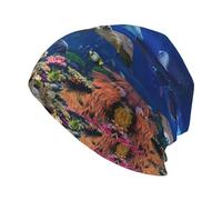 DUWAA Ocean Tropical Fish Turtle Shark Print Warm Knit Slouchy Beanie, Winter Knit Beanies, Beanie for Men Women Unisex Knit Cuffed Black