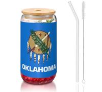 DUWAA Oklahoma State Flag Verres à boire avec couvercles en bambou et paille en verre 473,6 ml