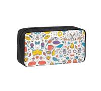 DUWAA Plumes colorées dessinées à la main sur imprimé blanc Trousse à crayons Grande capacité Pochette Marqueur Pochette à monnaie Organiseur de papeterie de bureau