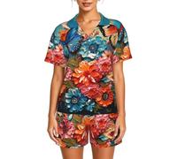 DUWAA Pyjama deux pièces à boutons pour femme Imprimé fleurs et papillons, Noir , 3XL