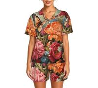 DUWAA Pyjama deux pièces à boutons pour femme Imprimé fleurs et papillons, Noir , L