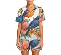 DUWAA Pyjama deux pièces avec imprimé oiseaux et papillons pour femme, Noir , M
