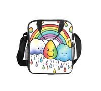 DUWAA Sac à déjeuner transparent avec sangle réglable et deux poches latérales en maille avec motif de gouttes de pluie arc-en-ciel