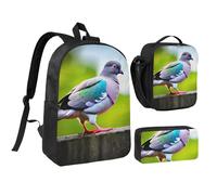 DUWAA Sac à dos 3 pièces avec imprimé pigeon de dessin animé 3 pièces comprenant un grand sac à livres de 43,2 cm avec sac à déjeuner et un sac à stylos pratique, Noir/blanc, One Size