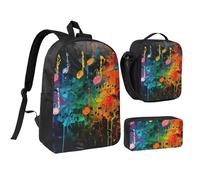DUWAA Sac à dos coloré imprimé notes de musique 3 pièces comprenant un grand sac à livres de 43,2 cm avec sac à déjeuner et sac à stylos pratique, noir, taille unique, Noir/blanc, taille unique