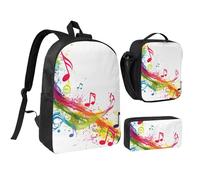 DUWAA Sac à dos coloré imprimé notes de musique 3 pièces comprenant un grand sac à livres de 43,2 cm avec sac à déjeuner et sac à stylos pratique, noir, taille unique, Noir/blanc, taille unique