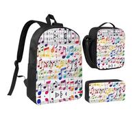 DUWAA Sac à dos coloré imprimé notes de musique 3 pièces comprenant un grand sac à livres de 43,2 cm avec sac à déjeuner et sac à stylos pratique, noir, One Size