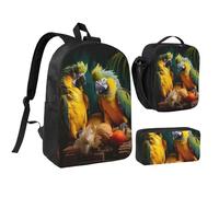 DUWAA Sac à dos d'été imprimé perroquet 3 pièces comprenant un grand sac à livres de 43,2 cm avec sac à déjeuner et sac à stylos pratique, noir, One Size