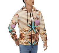 DUWAA Shells On The Beach Print Sweat à capuche zippé décontracté avec cordon de serrage et poches pour homme, Noir , XXL