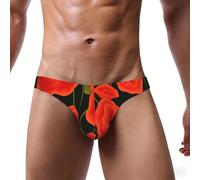 DUWAA Slip pour homme avec imprimé fleurs de coquelicot - Culotte confortable et douce avec poche de contour - Sous-vêtements respirants, Noir , L