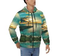 DUWAA Sunrise Over Hanauma Bay Oahu Hawaï Imprimer Hommes Sweat à capuche zippé décontracté avec cordon de serrage et fermeture éclair Veste avec poches, Noir , L