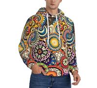 DUWAA Sweat à capuche d'entraînement pour homme, motif floral et cercles ethniques, confortable et lourd, Noir , L