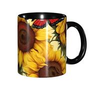 DUWAA Tasse en céramique imprimée tournesols jaunes avec papillon rouge 04 avec boîte cadeau, belles tasses à café pour les vacances, cadeau d'anniversaire, café, lait, 6 couleurs