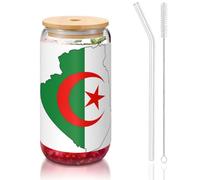 DUWAA Verres à bière en forme de carte du drapeau de l'Algérie avec couvercles en bambou et paille en verre - 473 ml