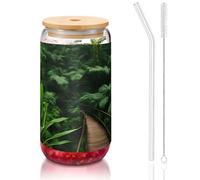DUWAA Verres à bière en forme de forêt tropicale tropicale avec couvercles en bambou et paille en verre - 473 ml