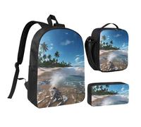 DUWAA Water Rush to Tropical Beach 1 Sac à dos imprimé 3 pièces comprenant un grand sac à livres de 43,2 cm avec sac à déjeuner et sac à stylos pratique, noir, One Size