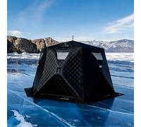 DUXMM Abri de pêche sur Glace Portable, avec Sortie de poêle et Plancher, cabane hexagonale isolée 420D, idéale pour la pêche par Temps Froid, Montage Facile, léger et Portable. Black
