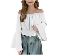 duxyoz Chemises d'été évasées à manches longues pour filles - Chemisier Renaissance élégant sans bretelles - Style western décontracté - Tunique plissée - Tunique péplum - 5 à 15 ans, blanc, 14-15 ans