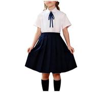 duxyoz Ensemble jupe pour fille, uniforme scolaire, chemise boutonnée à manches courtes et jupe plissée longueur genou, tenue 2 pièces, uniforme scolaire, âge 3-15 ans