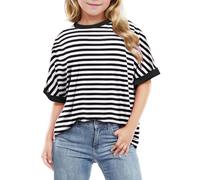 duxyoz Haut rayé à manches courtes et col rond pour filles - Vêtements de sortie Y2K - T-shirt classique léger doux et confortable - Coupe ample pour les vacances - 3 à 12 ans, 01 Noir, 7-8 ans