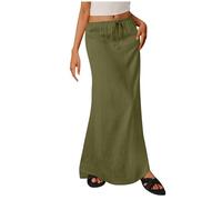 duxyoz Jupe longue d'été décontractée en lin pour femme - Taille basse - Cordon de serrage élastique - Couleur unie - Élégante - Ample - Pour vacances - Style bohème - Longueur au sol, vert militaire