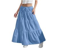 duxyoz Jupes longues pour filles à taille élastique - Jupe longue à volants - Style bohème décontracté - Couleur unie - Couleur unie - Jupe plissée à volants - Jupe pleine longueur - 4 à 15 ans, bleu
