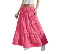 duxyoz Jupes longues pour filles à taille élastique - Jupe longue à volants - Style bohème décontracté - Couleur unie - Couleur unie - Jupe plissée à volants - Jupe pleine longueur - 4 à 15 ans, rose