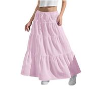 duxyoz Jupes longues pour filles à taille élastique - Jupe longue à volants - Style bohème décontracté - Couleur unie - Couleur unie - Jupe plissée à volants - Jupe pleine longueur - 4 à 15 ans, Rose