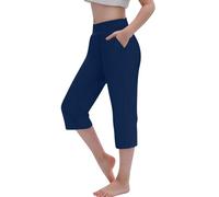 duxyoz Leggings pour filles - Pantalon de yoga athlétique - Pantalon de course à pied - Pantacourt décontracté - Couleur unie - Léger - Legging 3/4 avec poches - 4 à 14 ans, 01 Bleu marine, 8-9 ans