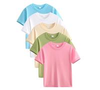 duxyoz Lot de 3/5 t-shirts à col rond et manches courtes en coton uni Coupe classique Valueweight Haut décontracté multicolore respirant pour enfant, 09 Multicolore, 11 ans