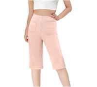 duxyoz Pantacourt d'été ample confortable longueur genou pantalon court taille haute boutonné leggings capri avec poches solides basiques pantalons de yoga pour enfants Business Casual School Uniforme