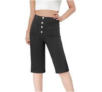 duxyoz Pantacourt d'été ample confortable longueur genou pantalon court taille haute boutonné leggings capri avec poches solides basiques pantalons de yoga pour enfants Business Casual School Uniforme