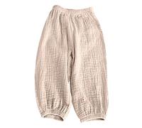 duxyoz Pantalon de plage en coton et lin pour filles - Pantalon ample d'été ample - Couleur unie - Taille élastique - Pantalon ample - Léger et respirant - Vêtements de jeu 2 à 8 ans, Beige (01), 7-8