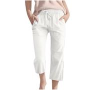 duxyoz Pantalon décontracté en coton et lin pour filles - Pantalon de détente Palazzo - Taille élastique - Cordon de serrage - Avec poches - Pantalon de jogging pour le sport, 02 Blanc, 7-8 ans