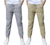 duxyoz Pantalon en lin de coton pour garçons - Lot de 2 pantalons de jogging pour enfants avec poches, cordon de serrage, taille élastique, amples, décontractés, joggers, pantalons baggy, costume