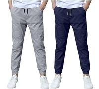 duxyoz Pantalon en lin de coton pour garçons - Lot de 2 pantalons de jogging pour enfants avec poches, cordon de serrage, taille élastique, amples, décontractés, joggers, pantalons baggy, costume