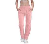 duxyoz Pantalon en lin pour filles décontracté à jambes larges avec cordon de serrage, couleur unie, léger, pantalon d'été uni, coupe ample, pantalon droit avec poches pour enfants de 8 à 15 ans, Rose