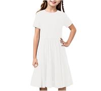 duxyoz Robe d'été patineuse pour filles, robe t-shirt décontractée à manches courtes, couleur unie, robe d'école, légère, fluide, robe d'été patineuse à col rond, robe midi pour enfants de 4 à 14 ans