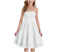 duxyoz Robe d'été pour fille - Bretelles spaghetti - En coton plissé - Style bohème - Robe d'été décontractée pour la plage - Pour princesse, anniversaire, mariage, bal de fin d'année, blanc, 9-10 ans