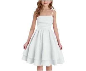 duxyoz Robe d'été pour fille - Bretelles spaghetti - En coton plissé - Style bohème - Robe d'été décontractée pour la plage - Pour princesse, anniversaire, mariage, bal de fin d'année, blanc, 9-10 ans