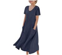 duxyoz Robe en lin à manches courtes avec poches pour fille - Légère et col rond - Robe d'été décontractée - Coupe ample - Couleur unie - Robe d'été élégante pour enfants de 5 à 16 ans, 01 Bleu