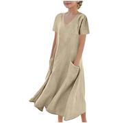 duxyoz Robe en lin à manches courtes avec poches pour fille - Légère et col rond - Robe d'été décontractée - Coupe ample - Couleur unie - Robe d'été élégante pour enfants de 5 à 16 ans, Kaki (01),