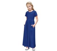 duxyoz Robe longue basique pour fille avec poches, couleur unie, col rond, robe longue d'été fluide, robe d'été fluide, décontractée, robe t-shirt longue, légère, ample, robe d'été bohème, pour les