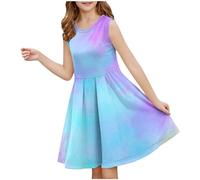 duxyoz Robe trapèze sans manches pour filles - Robe d'été élégante et décontractée - Taille haute - Robe t-shirt plissée - Col rond - Légère - Midi, 03 Bleu, 9-10 ans